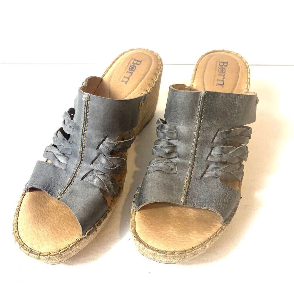 Born Womens 11 M Wedge Sandals Blue Gray Leather Slip On Comfort Casual Open Toe